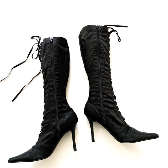 Black Satin Corset Lace-up Heeled Boots Sidezip 8 - Picture 5 of 15